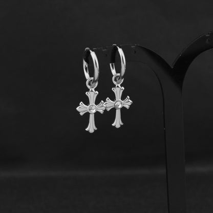 Rockyu クロスフープピアス シルバー ジルコニア 十字架デザイン メンズ レディース 金属アレルギー対応