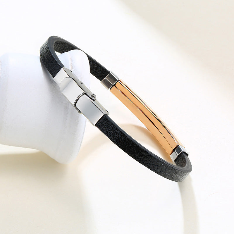 Rockyu ブレスレット メンズ 本革 プレートデザイン ステンレス製 金属アレルギー対応 レザーバングル