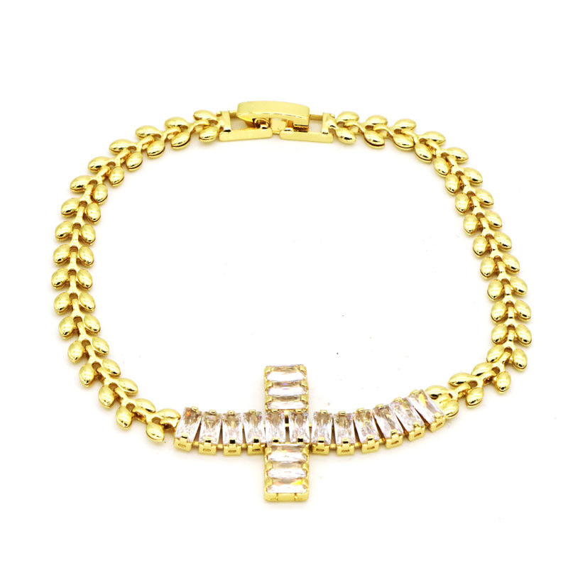Rockyu レディース ブレスレット ゴールド クロスデザイン ジルコニア 金属アレルギー対応 記念日 プレゼント