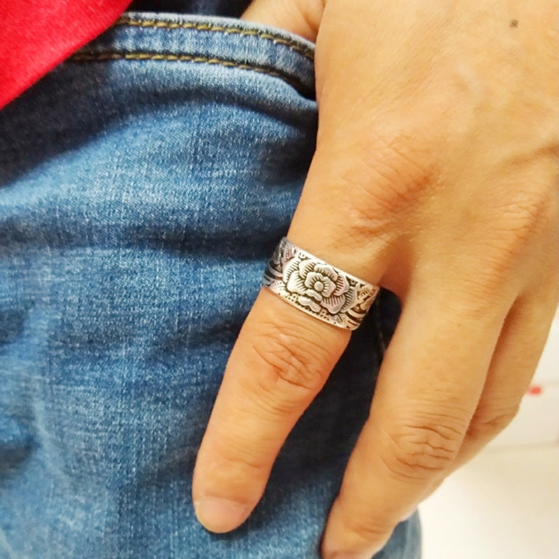 Rockyu 蓮モチーフリング メンズ レディース フリーサイズ 仏教経文刻印 シルバーメッキ