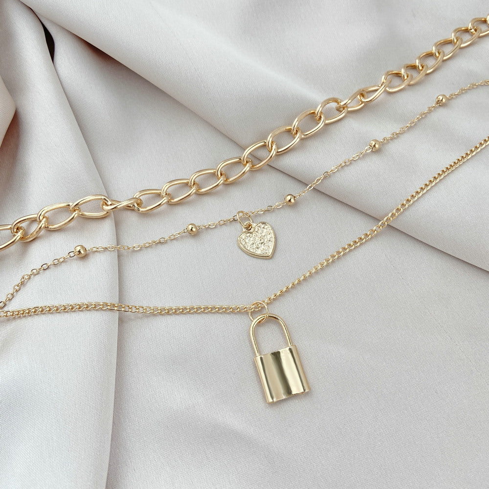 Rockyu 三連ネックレス ゴールド｜ハート＆南京錠チャーム付き・金属アレルギー対応