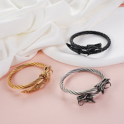 Rockyu ワイヤードラゴンバングル｜メンズ向けシルバーステンレスブレスレット