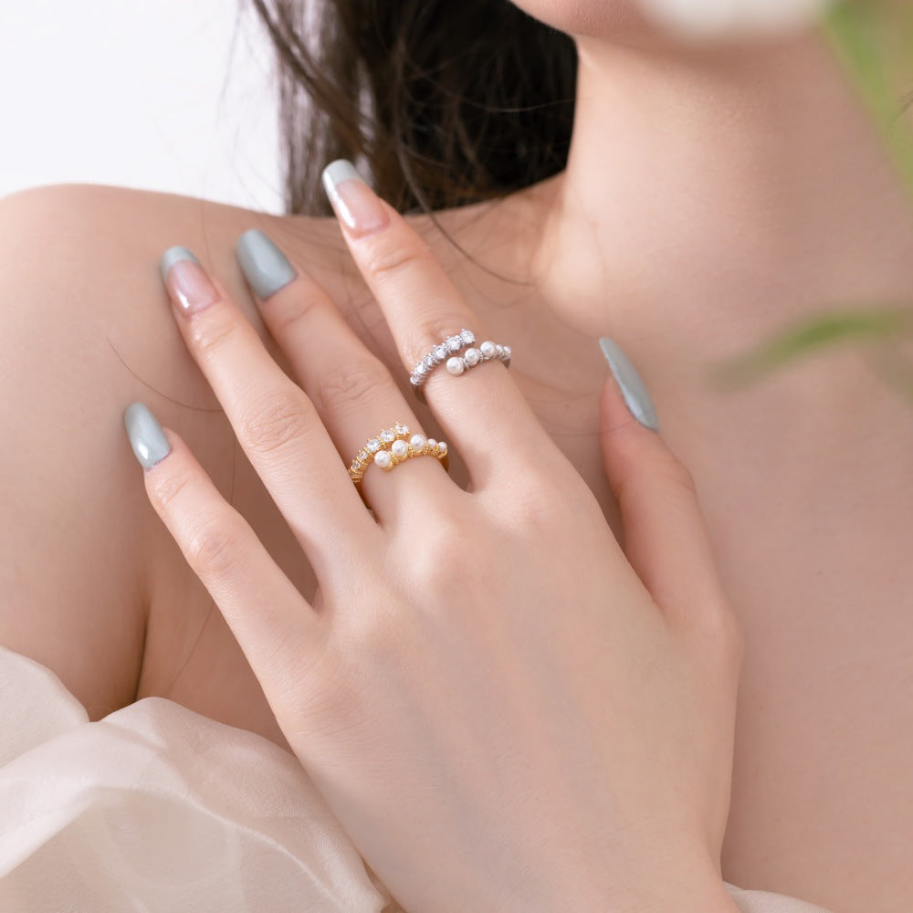 Rockyu レディースリング フリーサイズ パールとストーンが輝く華やか指輪
