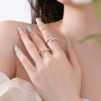 Rockyu レディースリング フリーサイズ パールとストーンが輝く華やか指輪