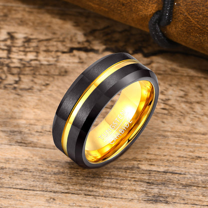 Rockyu メンズリング タングステン鋼 8mm ブラック×ゴールド／レインボー