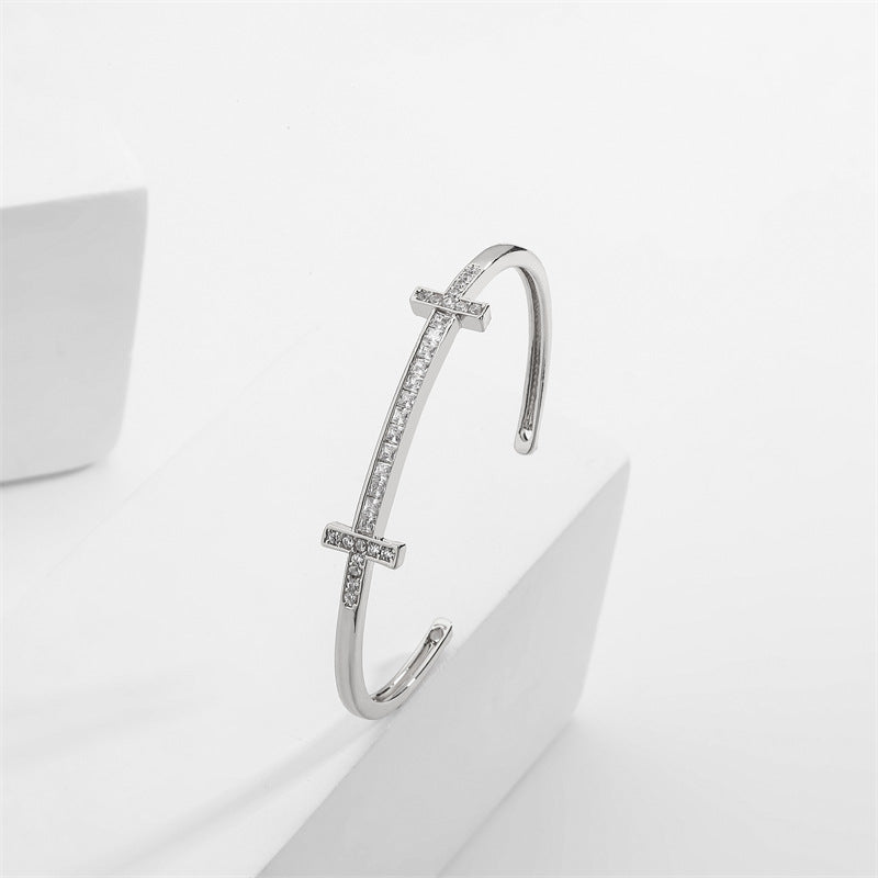 Rockyu レディース クロスラインバングル キュービック付き 18K仕上 ステンレス