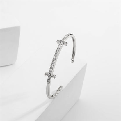 Rockyu レディース クロスラインバングル キュービック付き 18K仕上 ステンレス