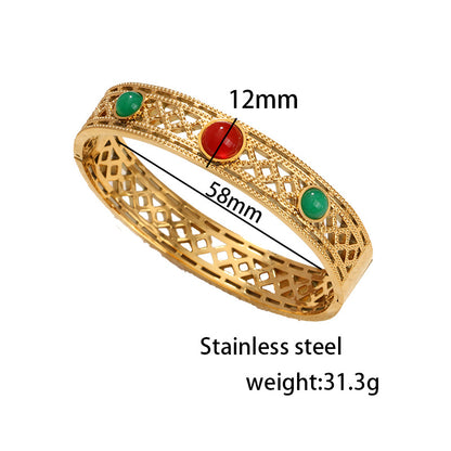 Rockyu レディース バングル 太め 透かし彫り 天然石 ゴールド・シルバー ステンレス 金属アレルギー対応