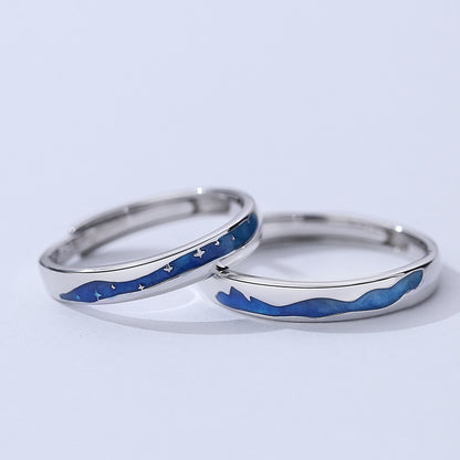 Rockyu ペアリング フリーサイズ シルバー925 青波と星空モチーフ カップル指輪