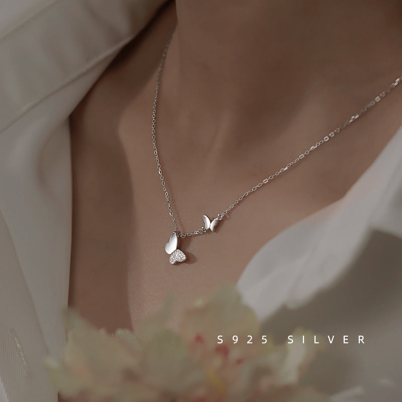 Rockyu ネックレス レディース プラチナ仕上げ ダブル蝶々モチーフ S925チェーン ペンダント