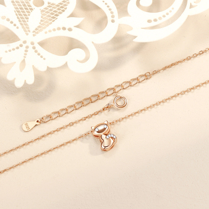 Rockyu ネックレス レディース 猫 シルバー925 ジルコニア ペンダント 純銀 鎖骨チェーン