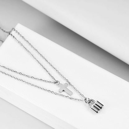 Rockyu レディース ネックレス 十字架 南京錠 ペンダント ピンクゴールド 18K チタン 2連チェーン