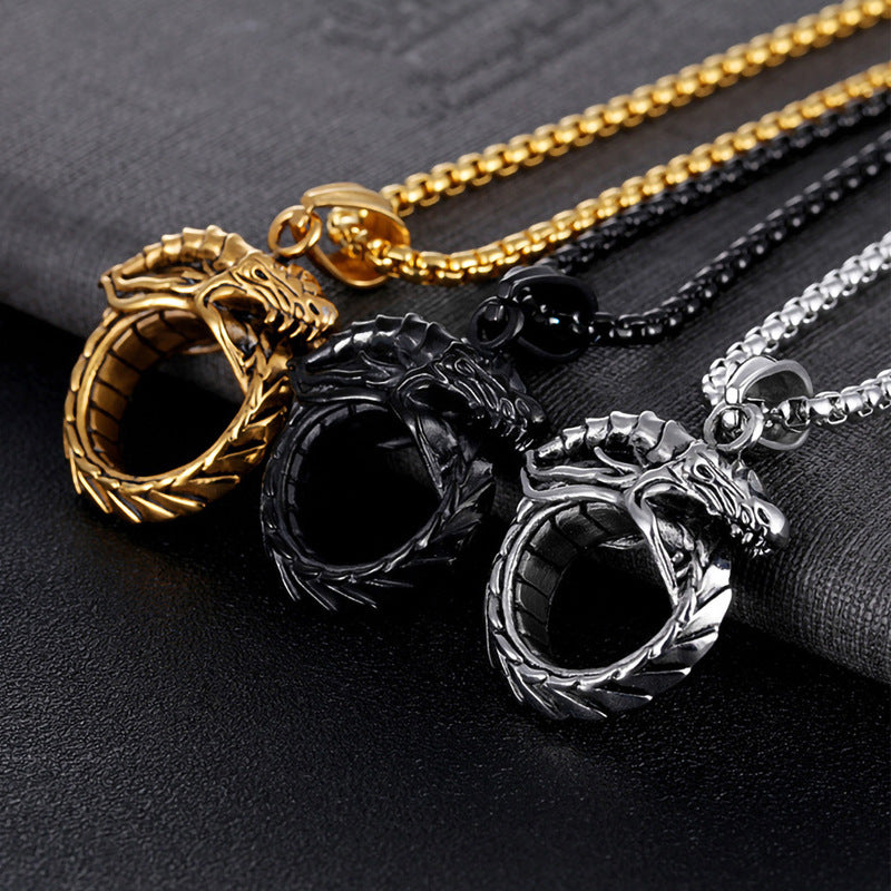 Rockyu ドラゴンネックレス メンズ オウロボロスデザイン ステンレス製 シルバー/ブラック/ゴールド