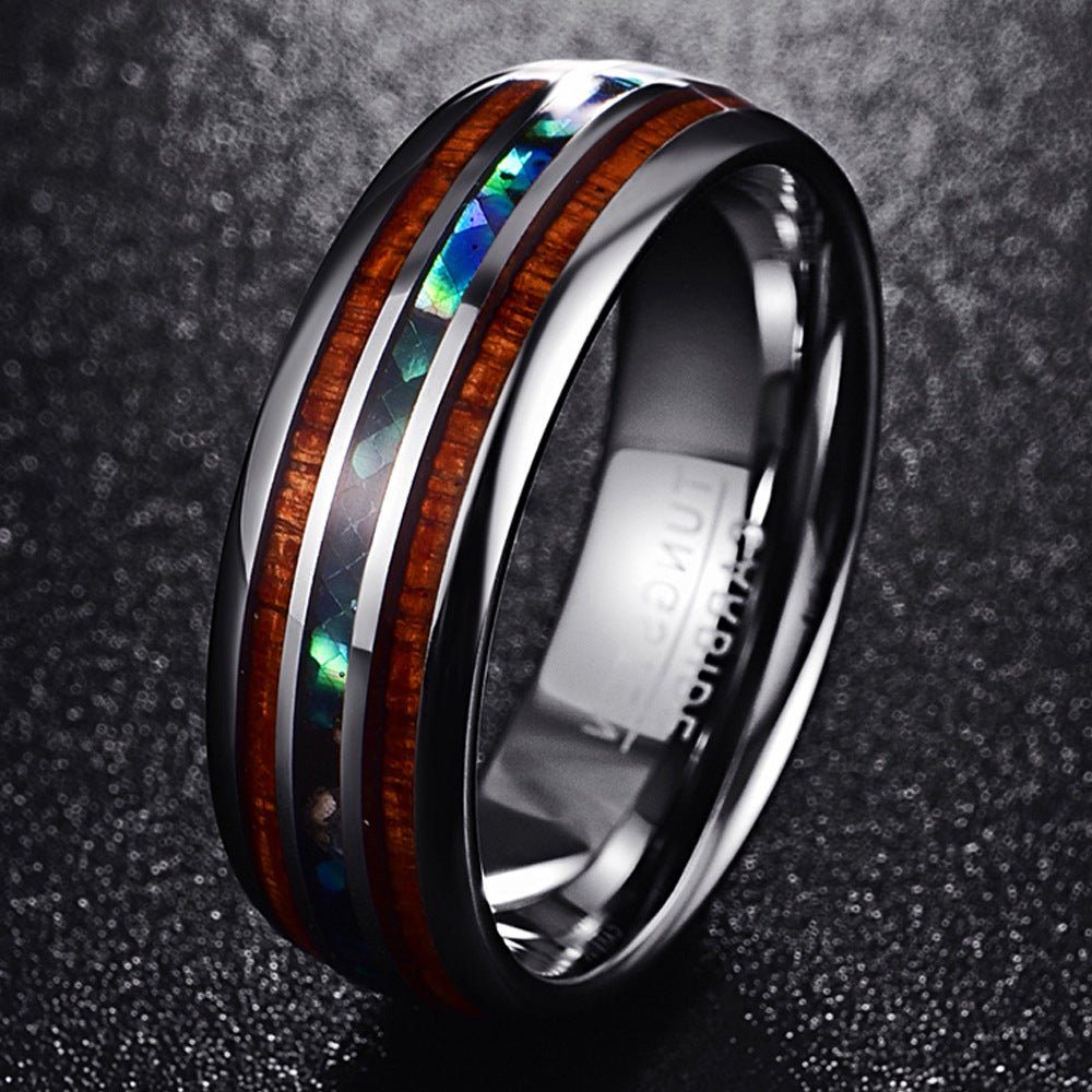 Rockyu チタン製 ウッド&シェルインレイ メンズリング 幅広デザイン 金属アレルギー対応 誕生日 記念日 ギフト