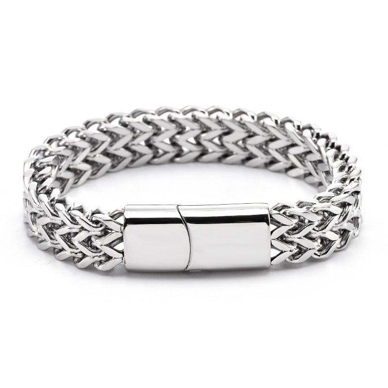 [Rockyu]ブレスレット男性シルバーステンレスチェーンシンプルモダン2連ブレスレット幅広ブレスレット