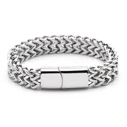 [Rockyu]ブレスレット男性シルバーステンレスチェーンシンプルモダン2連ブレスレット幅広ブレスレット