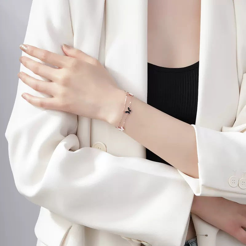 Rockyu ブレスレット レディース ピンクゴールド 18k エナメル 蝶々 バタフライブレスレット 二連チェーン 昆虫モチーフ誕生日 記念日 おしゃれ アクセサリー