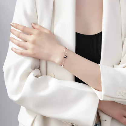 Rockyu ブレスレット レディース ピンクゴールド 18k エナメル 蝶々 バタフライブレスレット 二連チェーン 昆虫モチーフ誕生日 記念日 おしゃれ アクセサリー