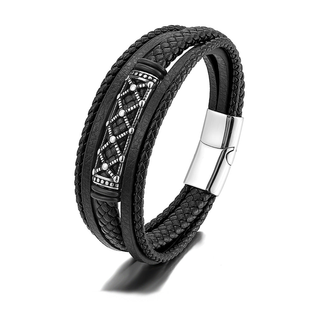 Rockyu メンズ ブレスレット スカル レザー ブラック 3連デザイン 翼モチーフ おしゃれ アクセサリー