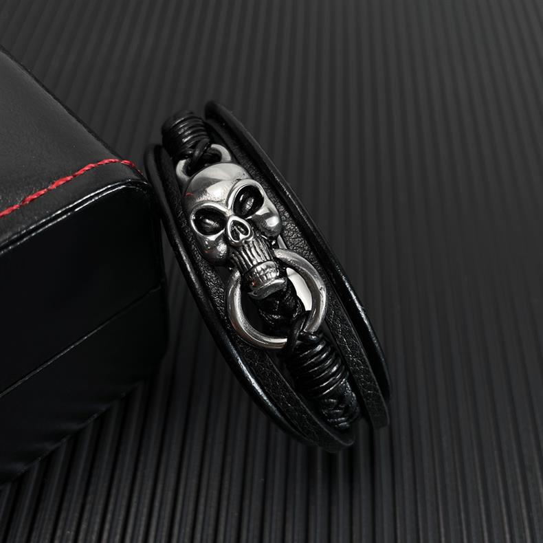 Rockyu メンズ ブレスレット レザー 黒 多重巻き 髑髏 ドクロ 編み込み バングル アクセサリー