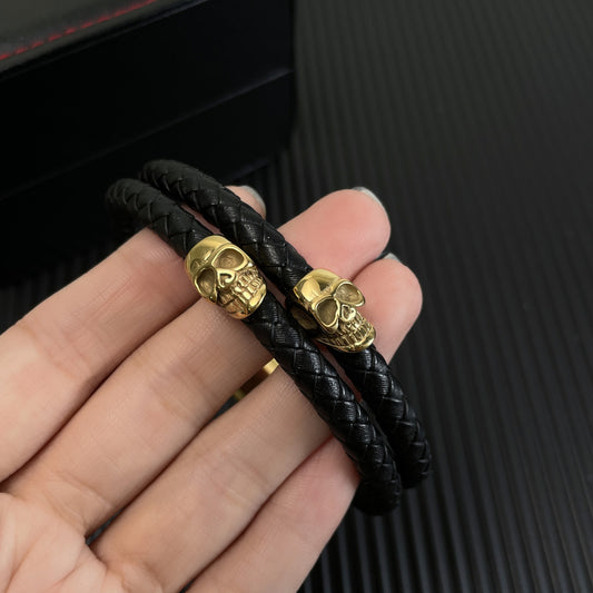 Rockyu メンズ スカル レザーブレスレット 2連 ドクロ ステンレス シルバー ゴールド ブラック