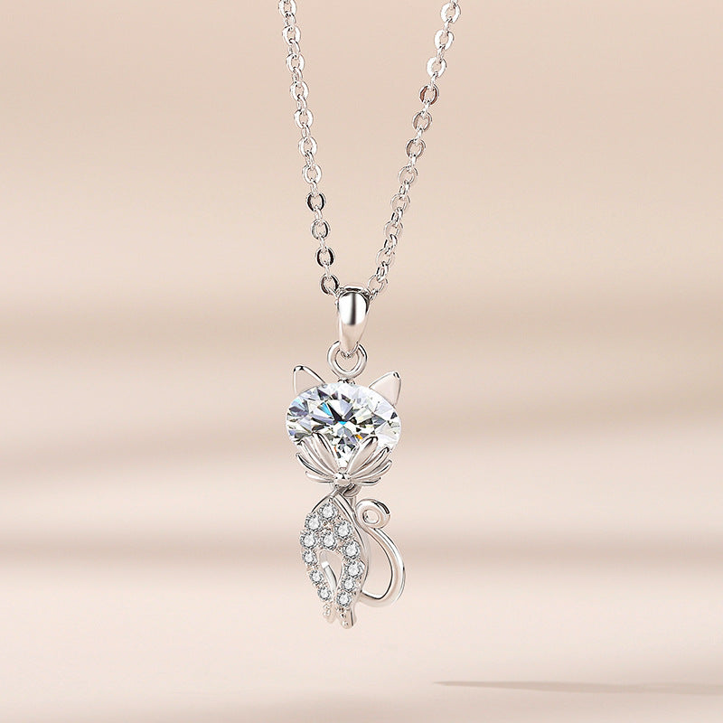 Rockyu ネックレス レディース 猫モチーフ シルバー925 ジルコニア CZダイヤ 一粒 純銀製 ペンダント