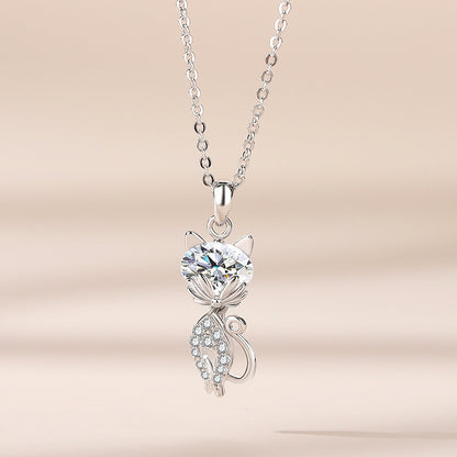 Rockyu ネックレス レディース 猫モチーフ シルバー925 ジルコニア CZダイヤ 一粒 純銀製 ペンダント