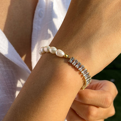 Rockyu ブレスレット レディース パール＆ジルコニア 非対称 ステンレス スチール