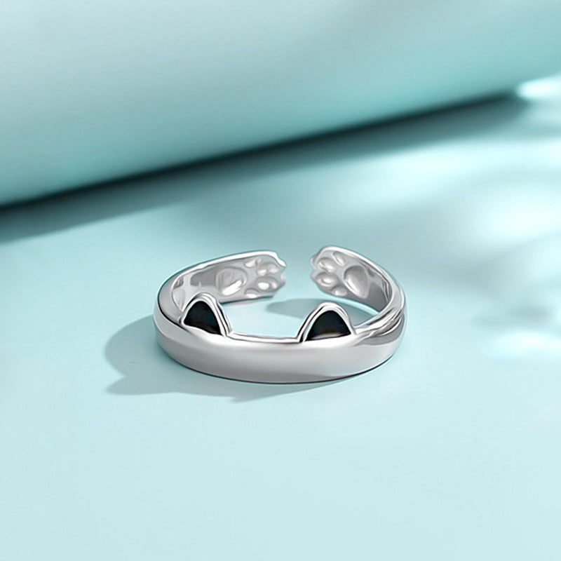 Rockyu 猫耳リング レディース シルバー925 フリーサイズ かわいい猫デザイン 指輪