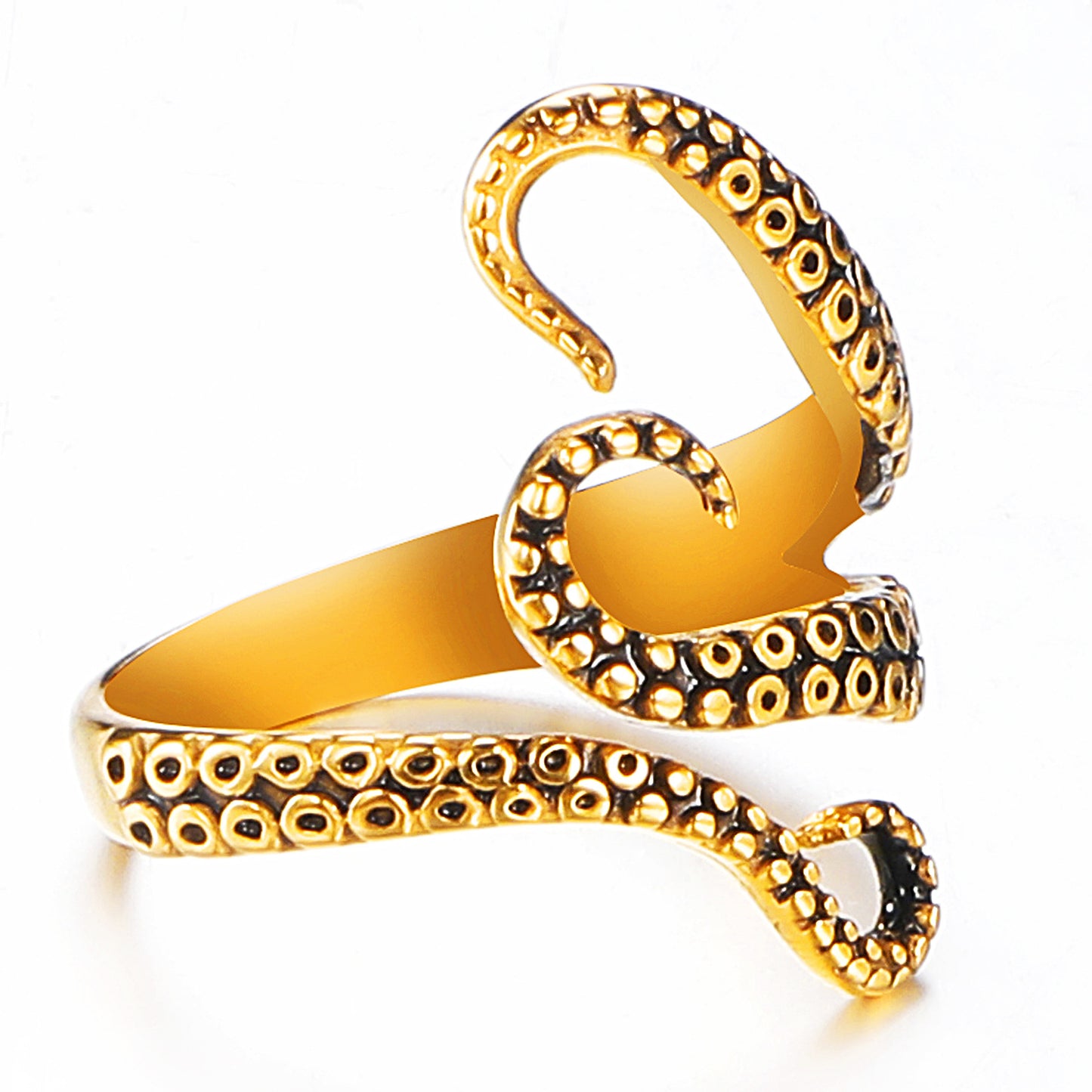 Rockyu タコ・蛇モチーフ ステンレスリング メンズ フリーサイズ ゴールド＆シルバー