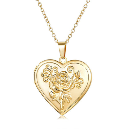 Rockyu レディースネックレス ハートロケットペンダント 写真入れ 薔薇モチーフ シルバー ゴールド 鎖骨チェーン 上品 アクセサリー