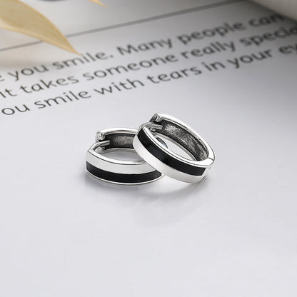 Rockyu シルバー925 ブラックエナメル フープピアス シンプルモダン 男女兼用