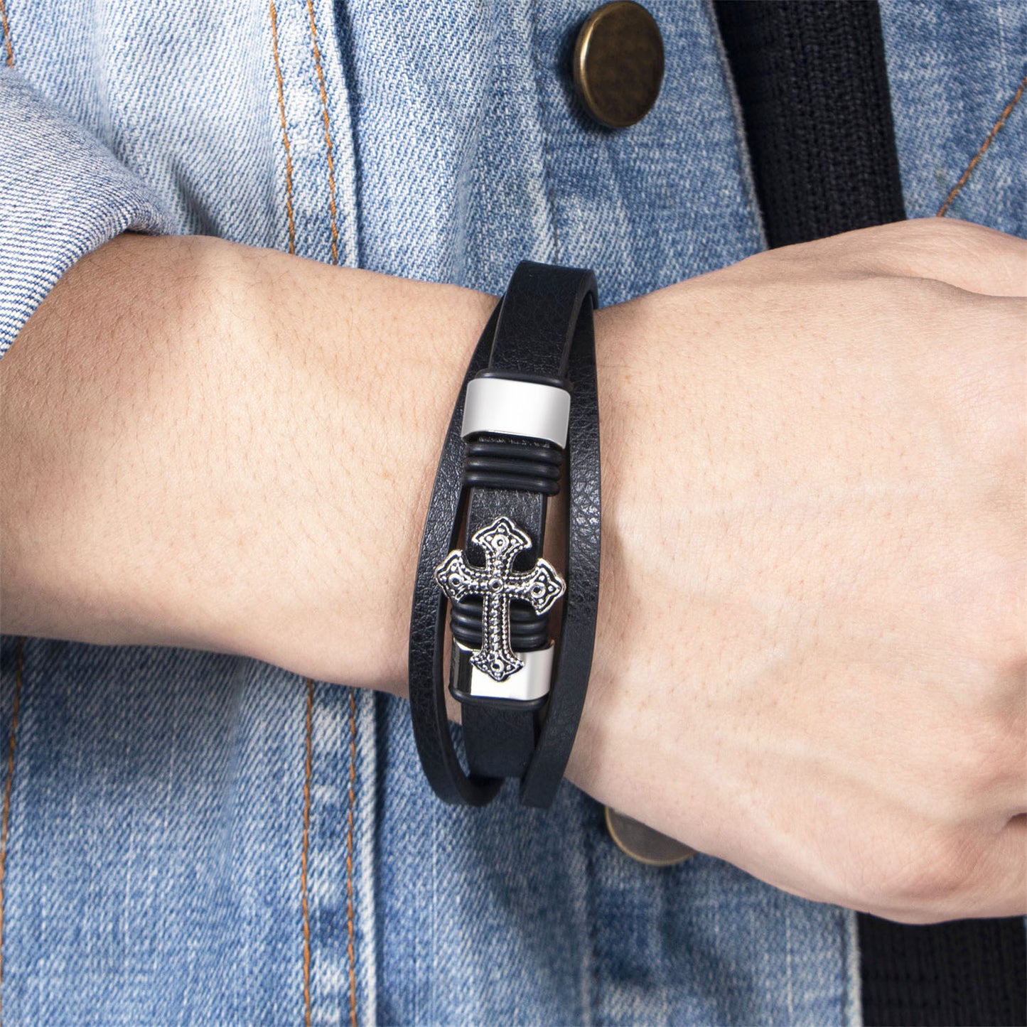 Rockyu メンズ ブレスレット 本革 ブラックレザー 多層 三連 ステンレス クロス 十字架 ブレスレット