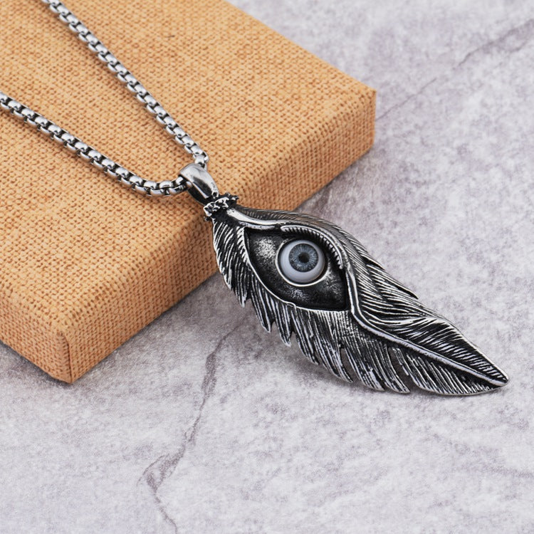 Rockyu メンズ ネックレス ペンダント 羽 根 アイモチーフ チタン ステンレス レトロ アンティーク風
