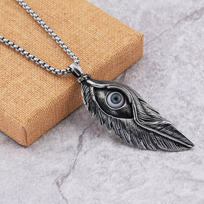 Rockyu メンズ ネックレス ペンダント 羽 根 アイモチーフ チタン ステンレス レトロ アンティーク風