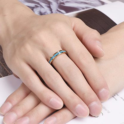 Rockyu タングステン ゴールド×ターコイズインレイリング 4mm幅 メンズ レディース ユニセックス