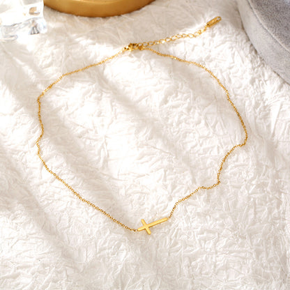 Rockyu 十字架ネックレス ピンクゴールド ステンレス製 シンプルクロス チェーンアクセサリー