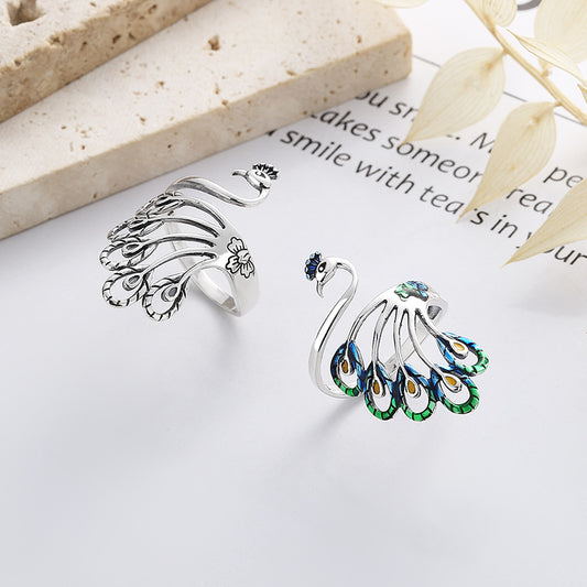 Rockyu 指輪 レディース フリーサイズ おしゃれ シルバー925 リング 可愛い 個性的 クジャク指輪物語 結婚指輪 婚約指輪 フリー サイズ調節可能 恋人 ファッション アクセサリー