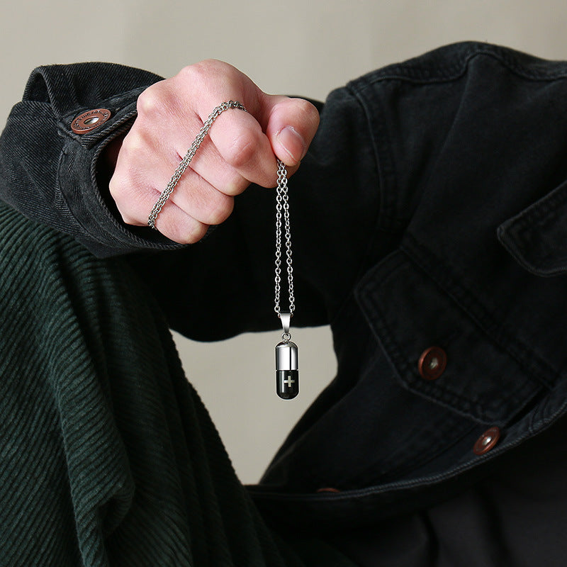 Rockyu カプセル型ネックレス 十字架刻印 ステンレス製 男女兼用 チタンカラーアクセサリー