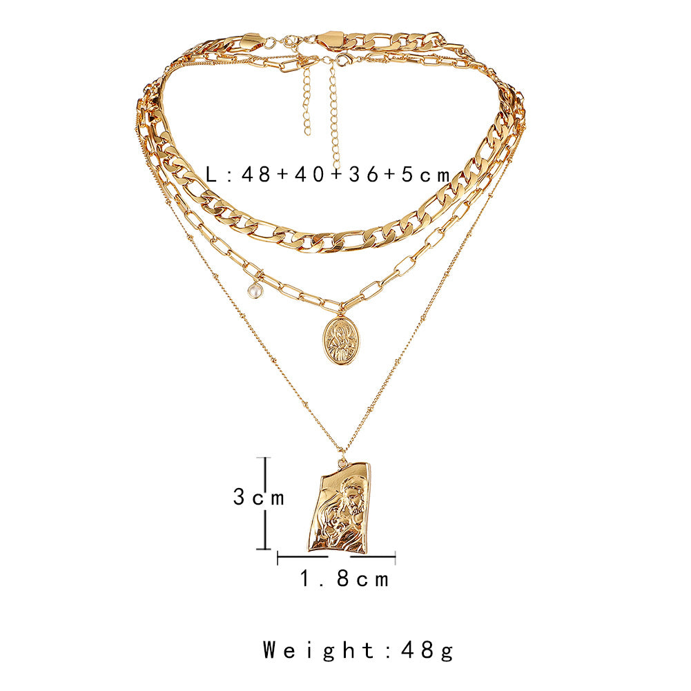 Rockyu ネックレス レディース ゴールド 3連チェーン ステンレス コインペンダント おしゃれ