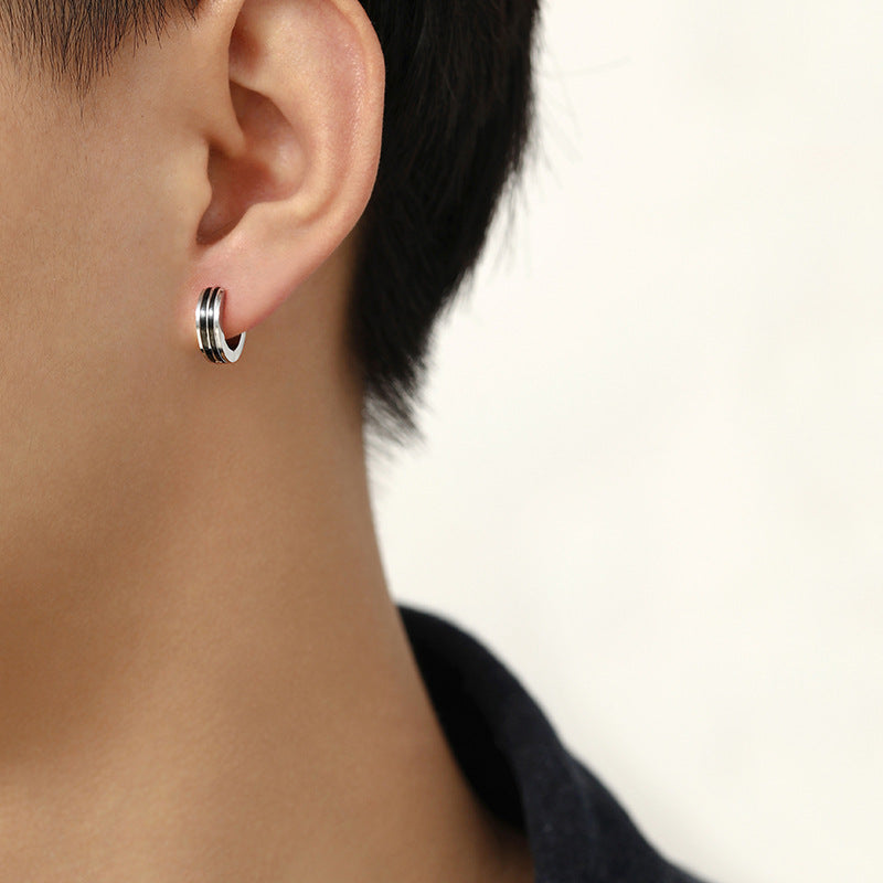 Rockyu リングピアス メンズ レディース フープピアス 小さめ ステンレス製 金属アレルギー対応 ブラックライン シルバー