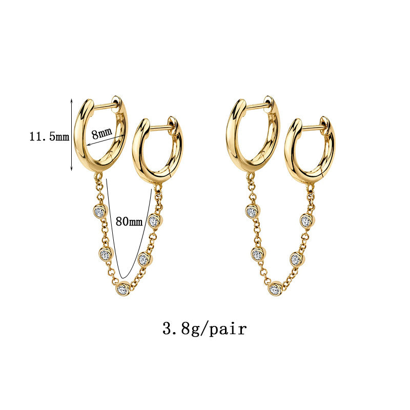 Rockyu ピアス レディース ダブルリングチェーン ジルコニア シルバー925 金属アレルギー対応