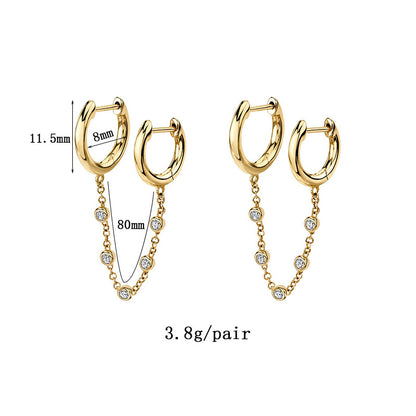 Rockyu ピアス レディース ダブルリングチェーン ジルコニア シルバー925 金属アレルギー対応