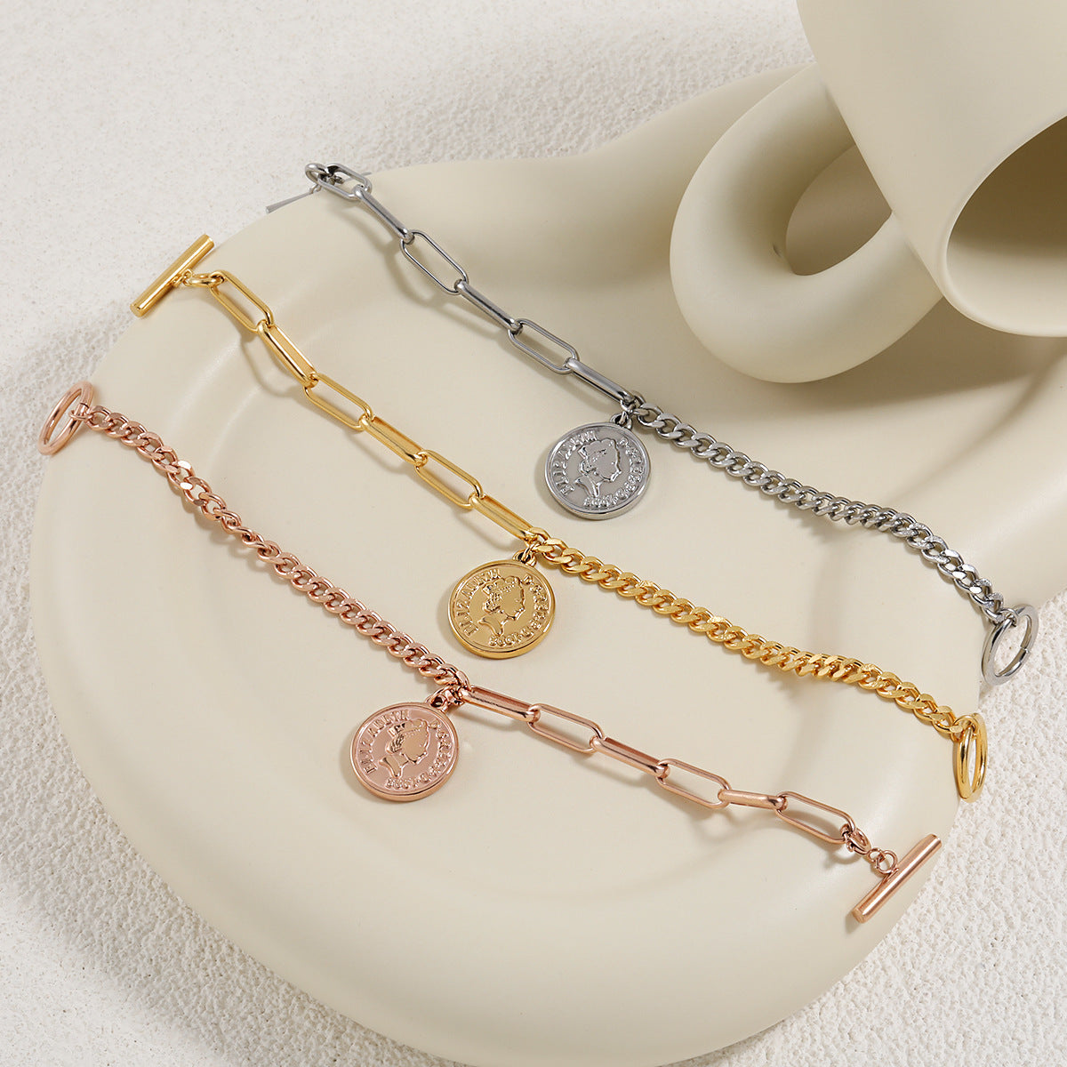 Rockyu ブレスレット レディース ピンクゴールド メダルデザイン アンティーク風 ステンレス