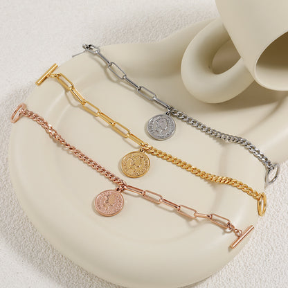Rockyu ブレスレット レディース ピンクゴールド メダルデザイン アンティーク風 ステンレス