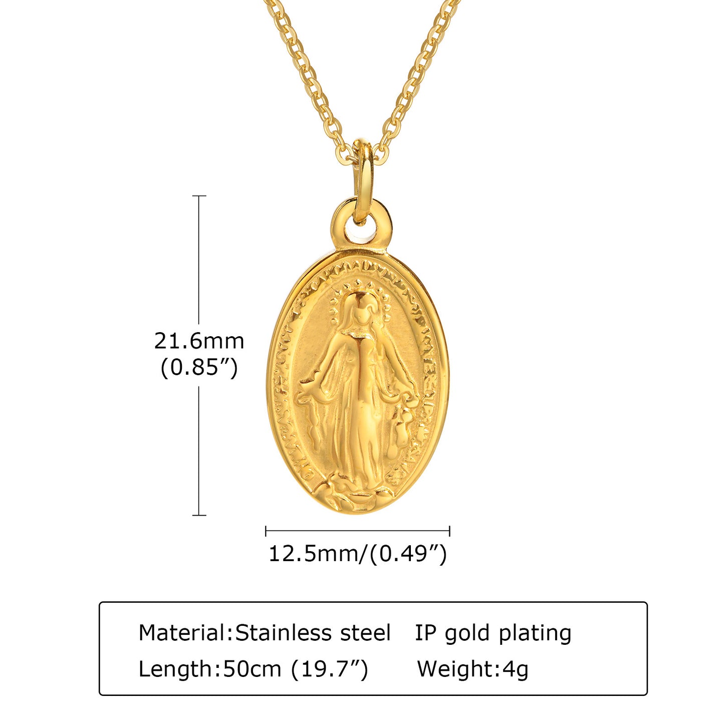 Rockyu ネックレス レディース ゴールド 聖母マリア 楕円ペンダント チタン製 50cmチェーン 金属アレルギー対応
