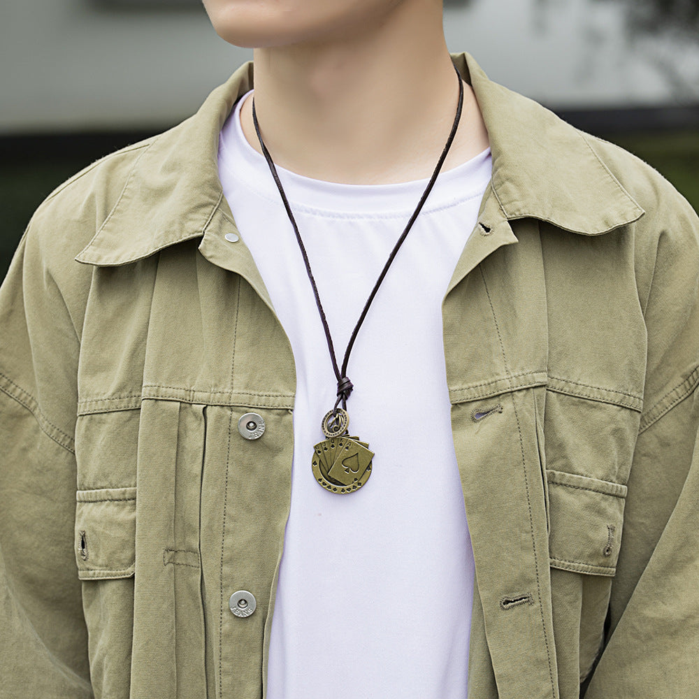 Rockyu ネックレス メンズ レザー 紐 ペンダント 十字架 トランプモチーフ ステンレス ヴィンテージ アクセサリー