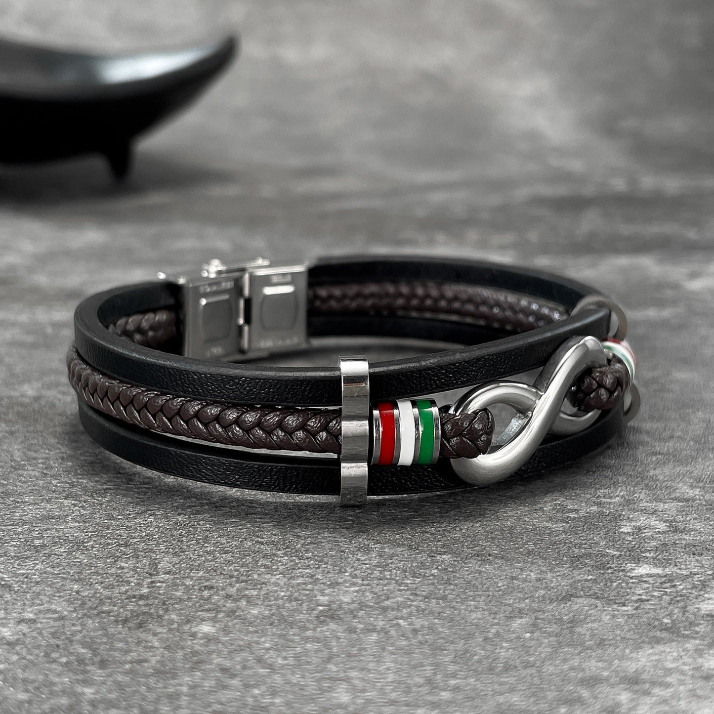 Rockyu ブレスレット メンズ インフィニティ 編み込み 三連 PUレザー ステンレス