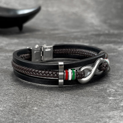 Rockyu ブレスレット メンズ インフィニティ 編み込み 三連 PUレザー ステンレス