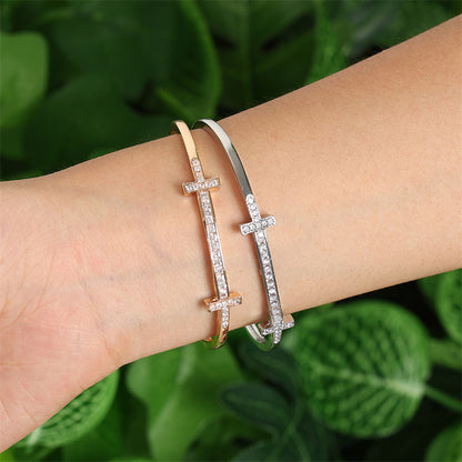 Rockyu レディース クロスラインバングル キュービック付き 18K仕上 ステンレス